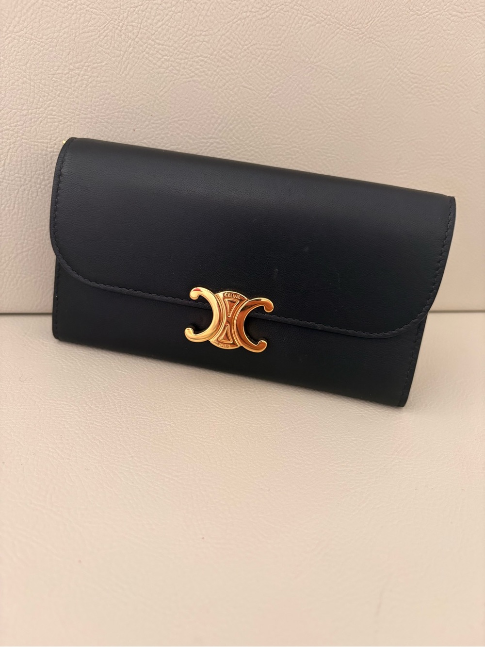 Celine Triomphe Black Leather Large Flap Wallet